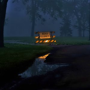 Preview wallpaper sign, forest, puddle, evening, dark