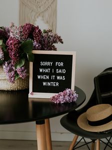 Preview wallpaper sign, inscription, lilac, table, flowers