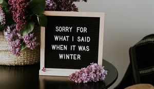 Preview wallpaper sign, inscription, lilac, table, flowers