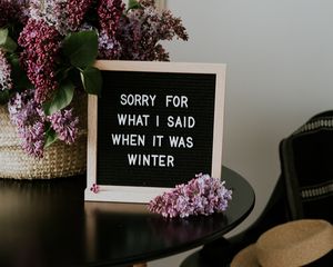Preview wallpaper sign, inscription, lilac, table, flowers
