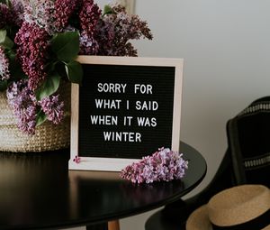 Preview wallpaper sign, inscription, lilac, table, flowers