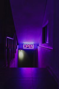 Preview wallpaper sign, neon, light, purple, door, dark