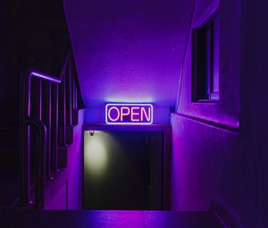 Preview wallpaper sign, neon, light, purple, door, dark