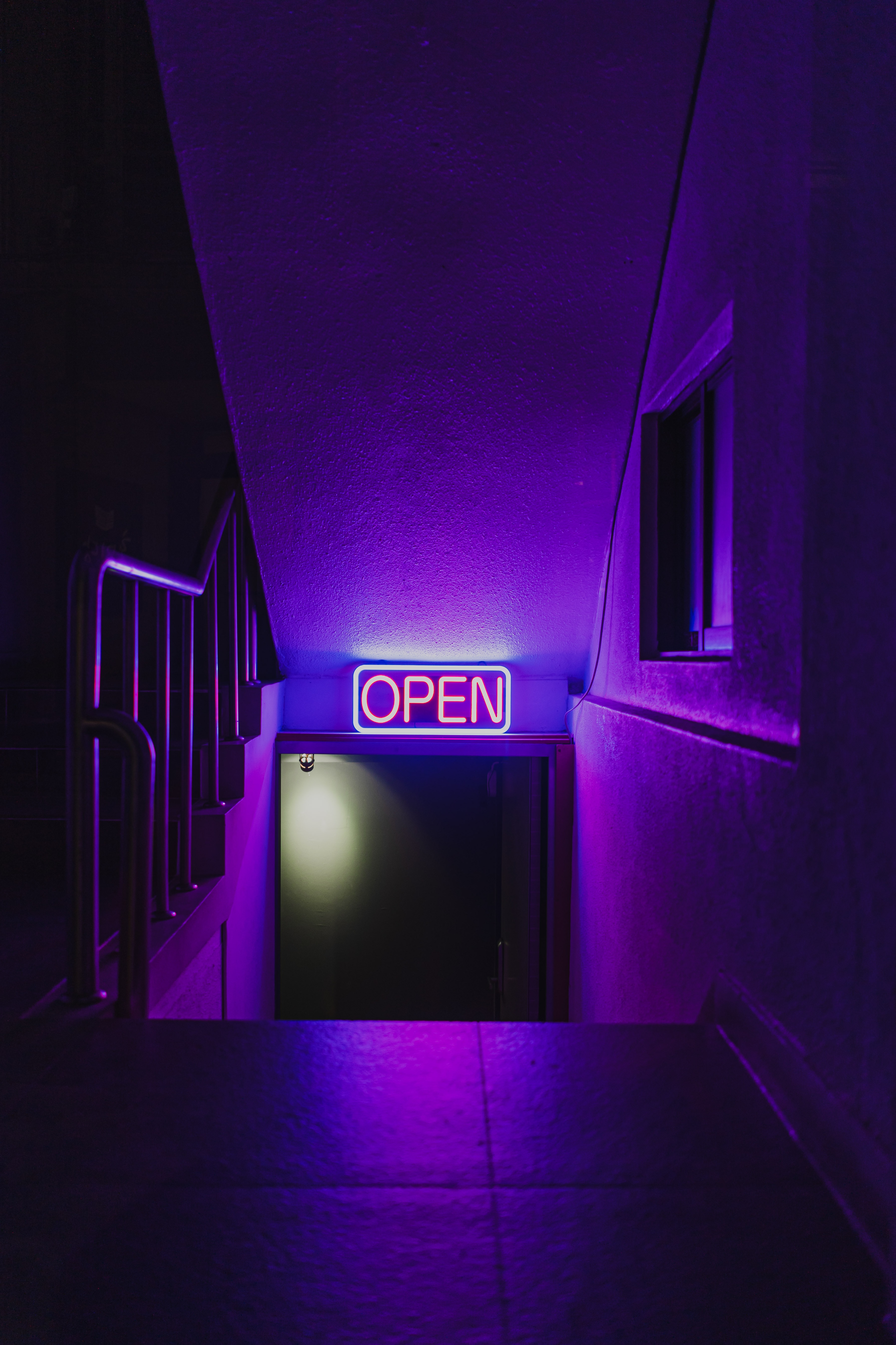 Download wallpaper 3588x5382 sign, neon, light, purple, door, dark hd  background