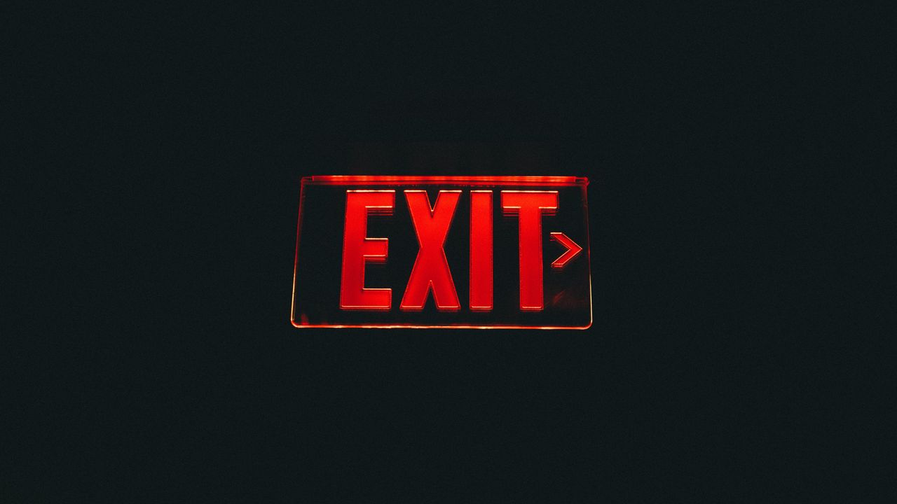 Wallpaper sign, pointer, exit, glow, red, dark