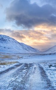 Preview wallpaper sign, prevention, mountains, road, snow, protectors, sky, clouds