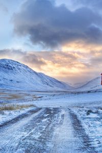 Preview wallpaper sign, prevention, mountains, road, snow, protectors, sky, clouds