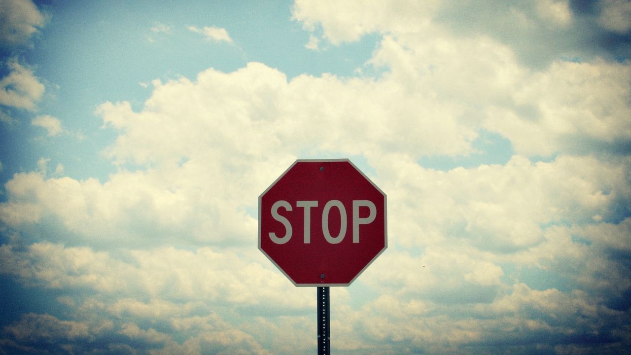 Wallpaper sign, road, stop, sky, clouds