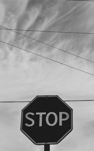 Preview wallpaper sign, stop, bw, sky, wires