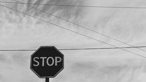 Preview wallpaper sign, stop, bw, sky, wires