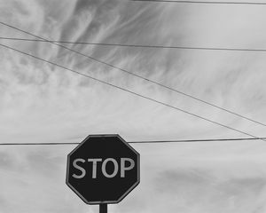 Preview wallpaper sign, stop, bw, sky, wires