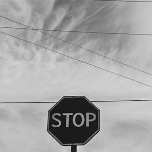 Preview wallpaper sign, stop, bw, sky, wires
