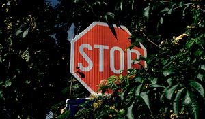 Preview wallpaper sign, stop, caution, inscription, bushes, trees