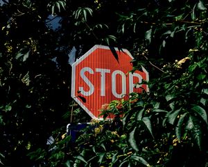 Preview wallpaper sign, stop, caution, inscription, bushes, trees