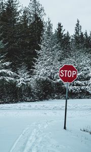 Preview wallpaper sign, stop, snow, trees, nature
