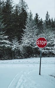 Preview wallpaper sign, stop, snow, trees, nature