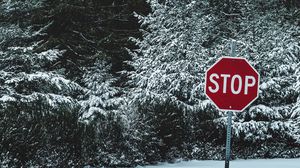 Preview wallpaper sign, stop, snow, trees, nature