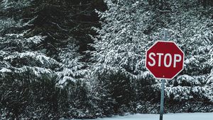 Preview wallpaper sign, stop, snow, trees, nature