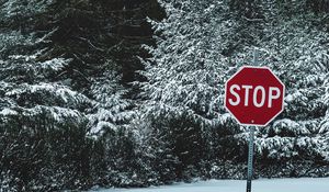 Preview wallpaper sign, stop, snow, trees, nature