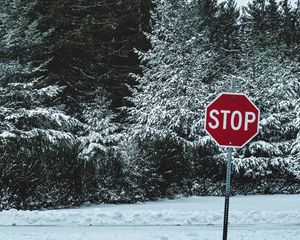 Preview wallpaper sign, stop, snow, trees, nature