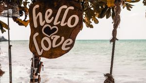 Preview wallpaper signboard, inscription, love, ocean, waves