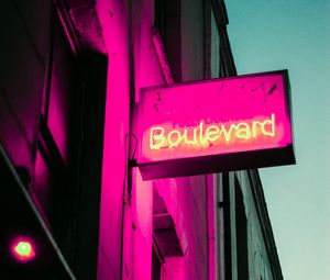 Preview wallpaper signboard, neon, street, glow, boulevard, buildings