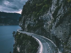 Preview wallpaper sigriswil, switzerland, mountains, road, sea