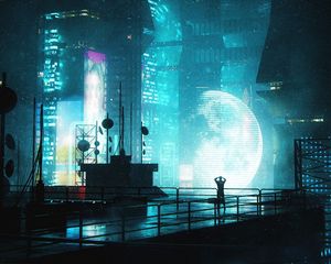 Preview wallpaper silhouette, alone, buildings, night, light, blue