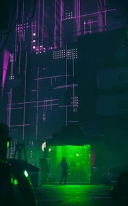 Preview wallpaper silhouette, alone, city, buildings, glow, night, dark
