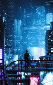 Preview wallpaper silhouette, alone, city, neon, light, dark