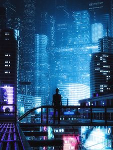 Preview wallpaper silhouette, alone, city, neon, light, dark