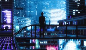 Preview wallpaper silhouette, alone, city, neon, light, dark