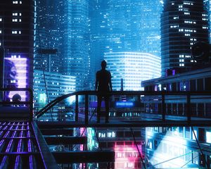 Preview wallpaper silhouette, alone, city, neon, light, dark