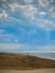 Preview wallpaper silhouette, alone, coast, sea, clouds, rays, light