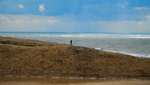 Preview wallpaper silhouette, alone, coast, sea, clouds, rays, light