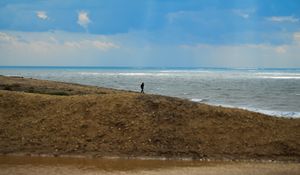 Preview wallpaper silhouette, alone, coast, sea, clouds, rays, light