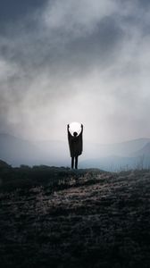 Preview wallpaper silhouette, alone, gesture, moon, mountains