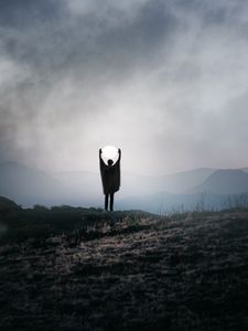 Preview wallpaper silhouette, alone, gesture, moon, mountains