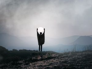 Preview wallpaper silhouette, alone, gesture, moon, mountains