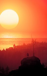Preview wallpaper silhouette, alone, mountain, trees, sunset, dark