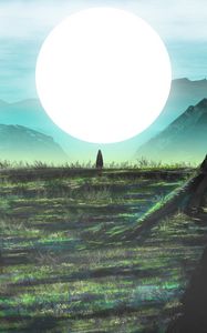 Preview wallpaper silhouette, alone, mountains, ruins, sun, art