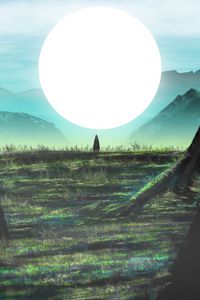 Preview wallpaper silhouette, alone, mountains, ruins, sun, art