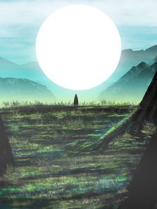 Preview wallpaper silhouette, alone, mountains, ruins, sun, art