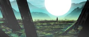 Preview wallpaper silhouette, alone, mountains, ruins, sun, art