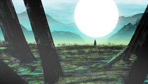 Preview wallpaper silhouette, alone, mountains, ruins, sun, art