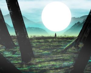 Preview wallpaper silhouette, alone, mountains, ruins, sun, art