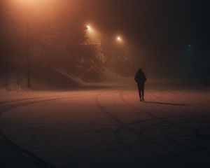 Preview wallpaper silhouette, alone, night, snow, lights