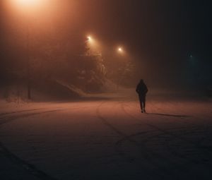 Preview wallpaper silhouette, alone, night, snow, lights