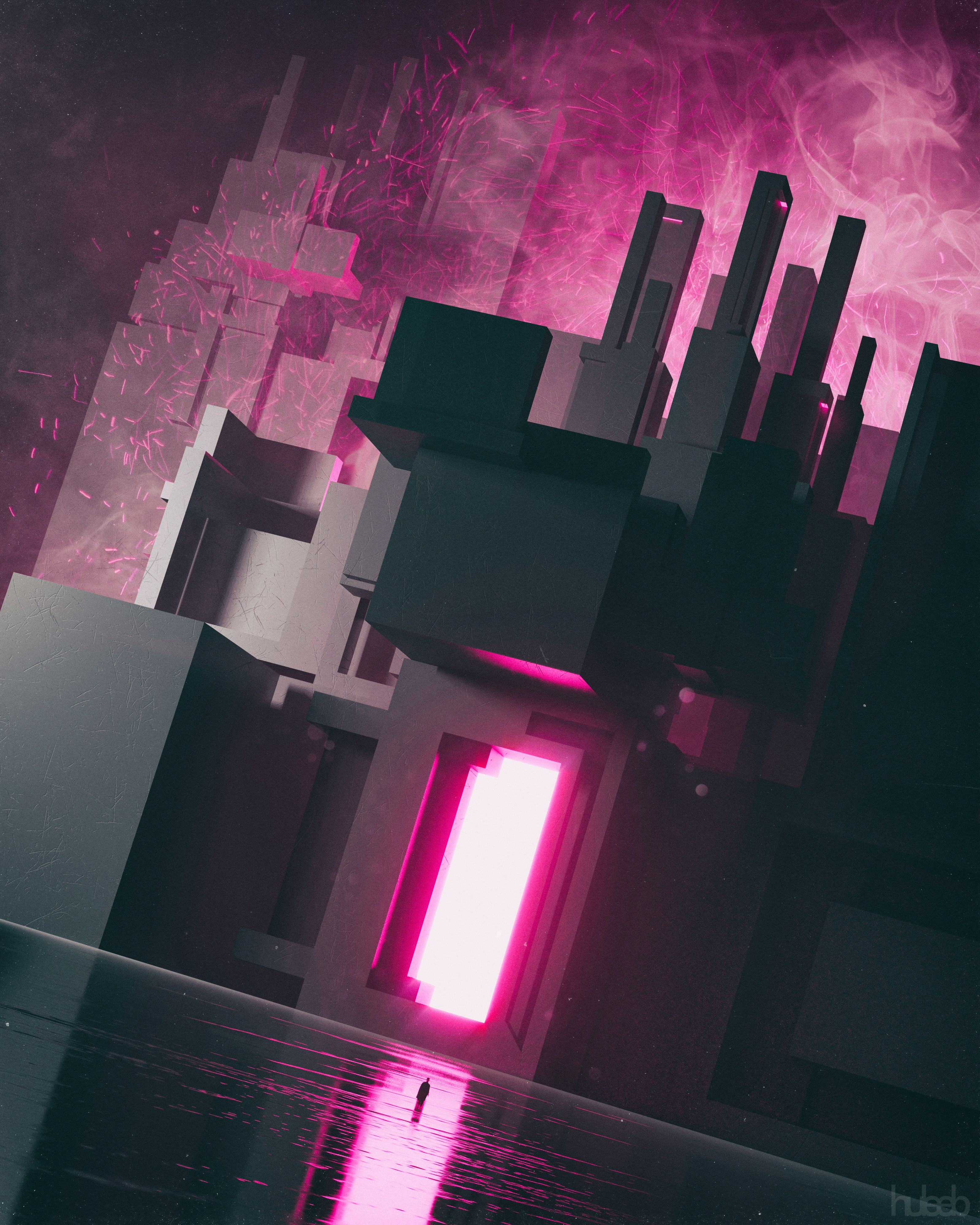 3200x4000 Wallpaper silhouette, alone, portal, glow, pink