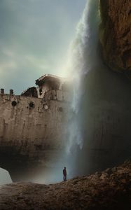 Preview wallpaper silhouette, alone, rock, waterfall, ship